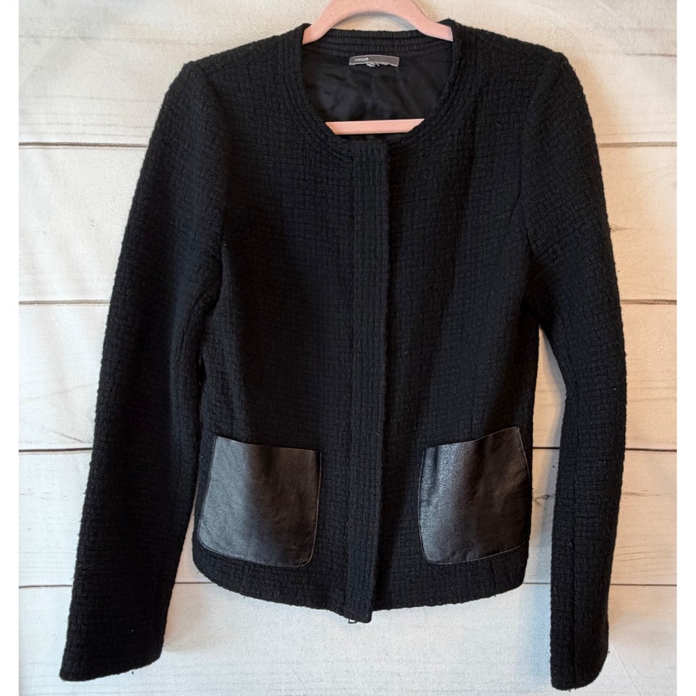 Vince Black Wool Blend Textured Jacket Leather Trim Pockets V0681-90363 Size M